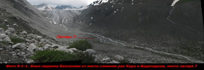 Язык ледника Безсонова от места слияния рек Кора и Водопадная, место лагеря 7
